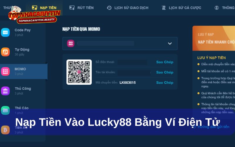 Cách nạp tiền vào Lucky88 - Hướng dẫn đầy đủ, chi tiết 9 Nạp tiền Lucky88 với ví điện tử