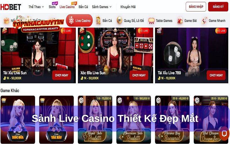 Sảnh casino với nhiều bàn live hiện đại, sắc nét